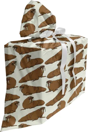 Ambesonne Walrus Fabric Gift Bag, Marine Mammal Exotic Animal Funny Creature Wildlife Theme, Present Sack for Parties Birthdays with 3 Ribbons, 27, Caramel and Eggshell