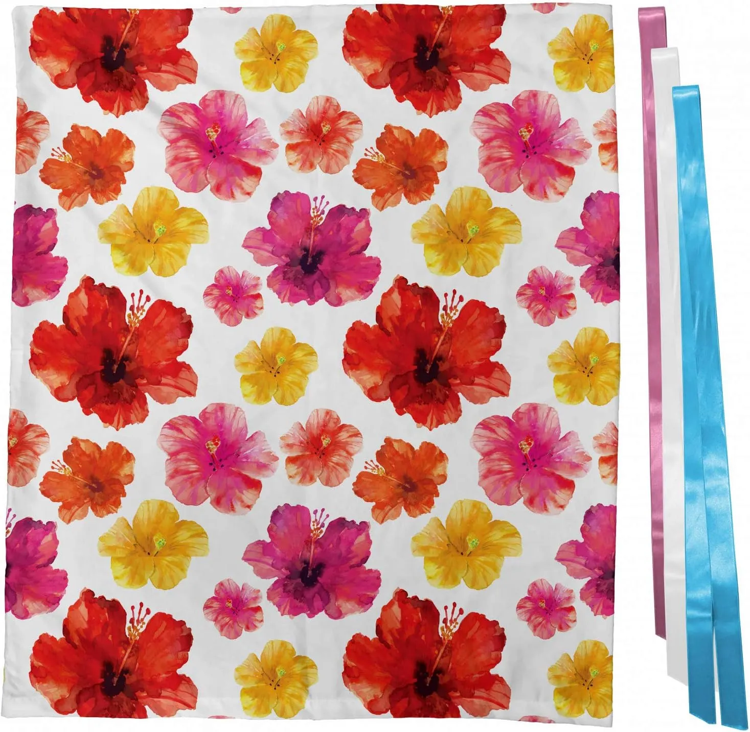 Ambesonne Watercolor Flowers Gift Bag, Tropical Paintbrush Style Bloom of Hibiscus Poppy Petal Coastal Vibes, Reusable Fabric Party Favor Pouch with 3 Ribbons, 27" X 32", Pink Red