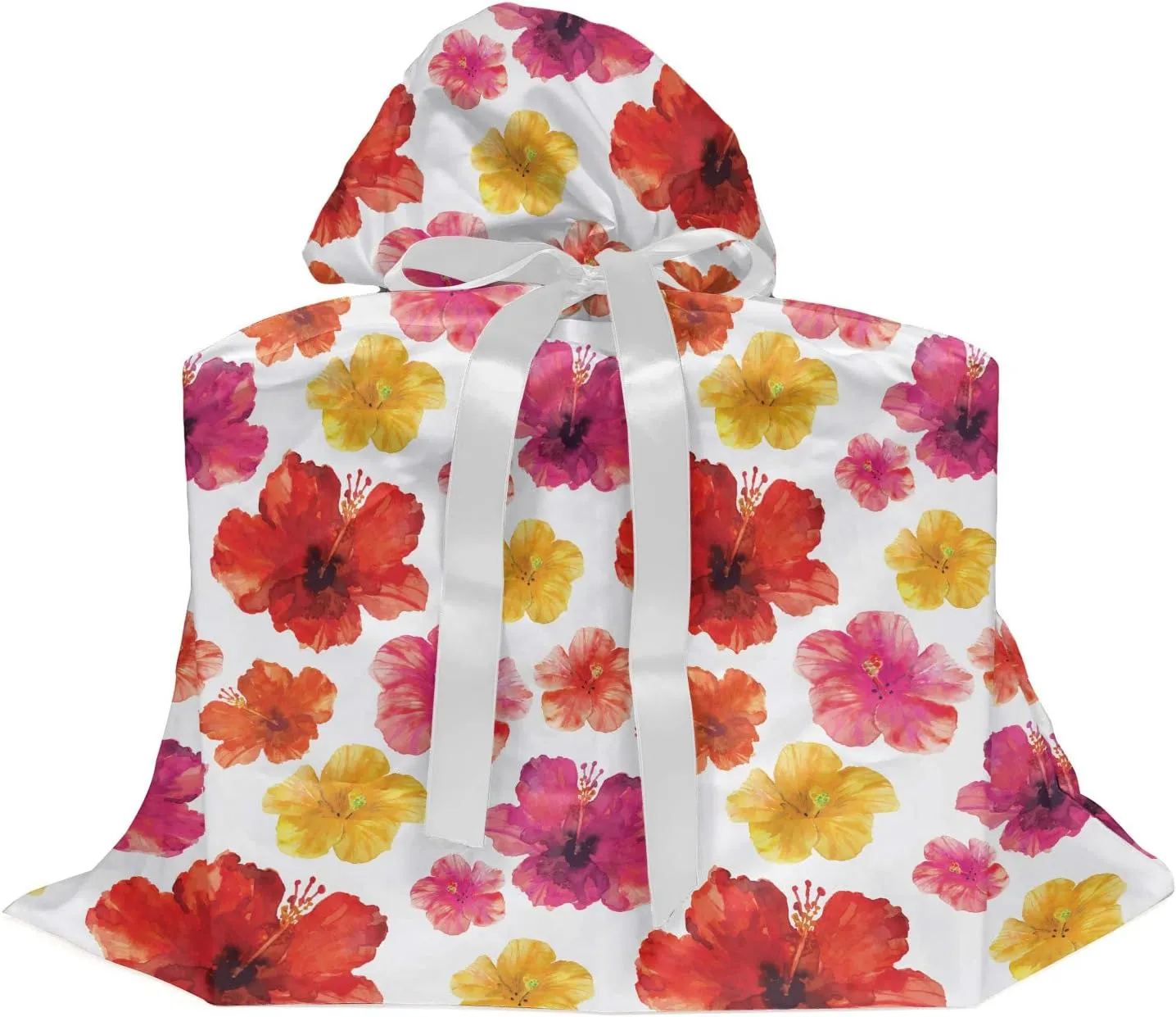 Ambesonne Watercolor Flowers Gift Bag, Tropical Paintbrush Style Bloom of Hibiscus Poppy Petal Coastal Vibes, Reusable Fabric Party Favor Pouch with 3 Ribbons, 27" X 32", Pink Red