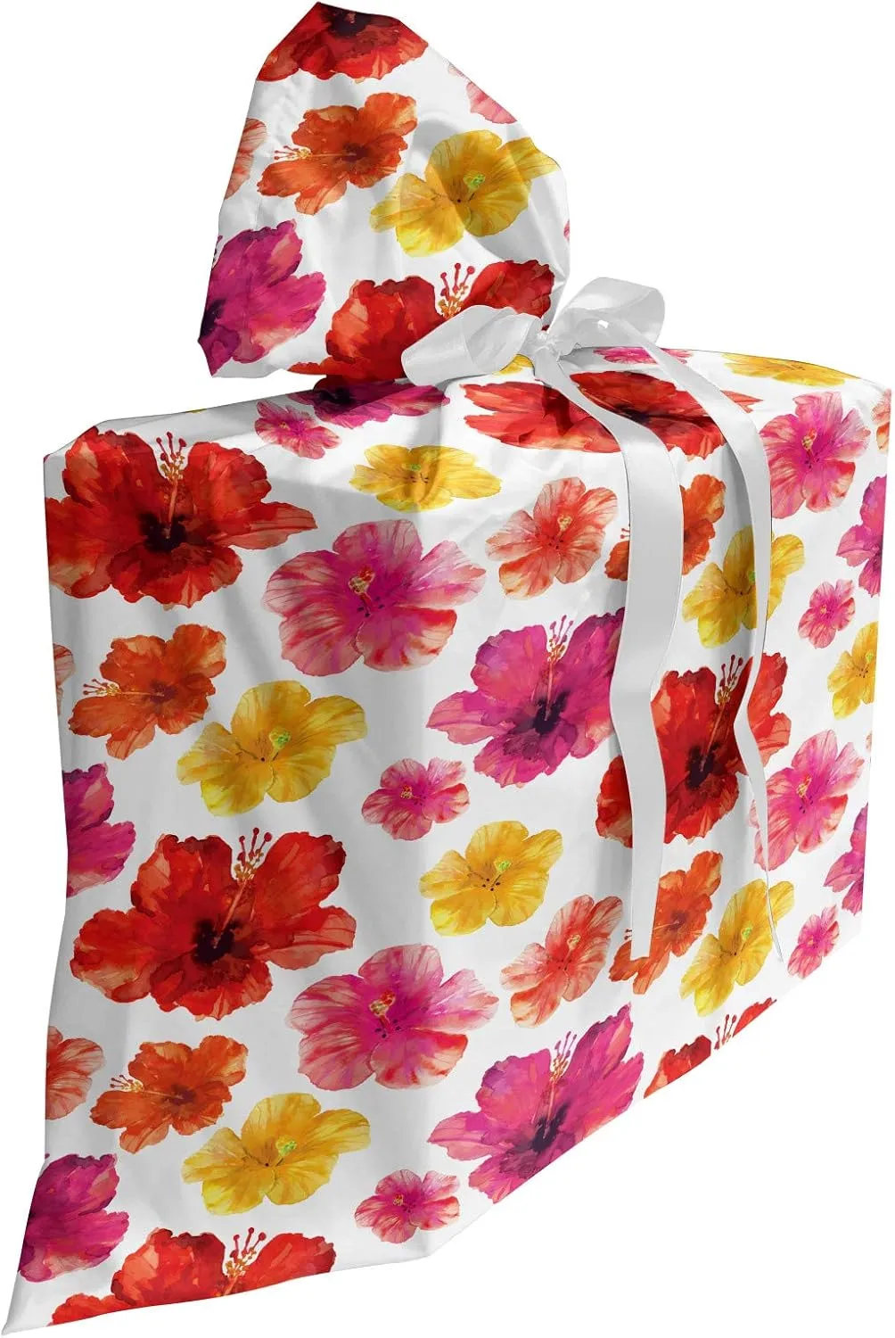 Ambesonne Watercolor Flowers Gift Bag, Tropical Paintbrush Style Bloom of Hibiscus Poppy Petal Coastal Vibes, Reusable Fabric Party Favor Pouch with 3 Ribbons, 27" X 32", Pink Red