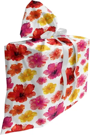 Ambesonne Watercolor Flowers Gift Bag, Tropical Paintbrush Style Bloom of Hibiscus Poppy Petal Coastal Vibes, Reusable Fabric Party Favor Pouch with 3 Ribbons, 27" X 32", Pink Red