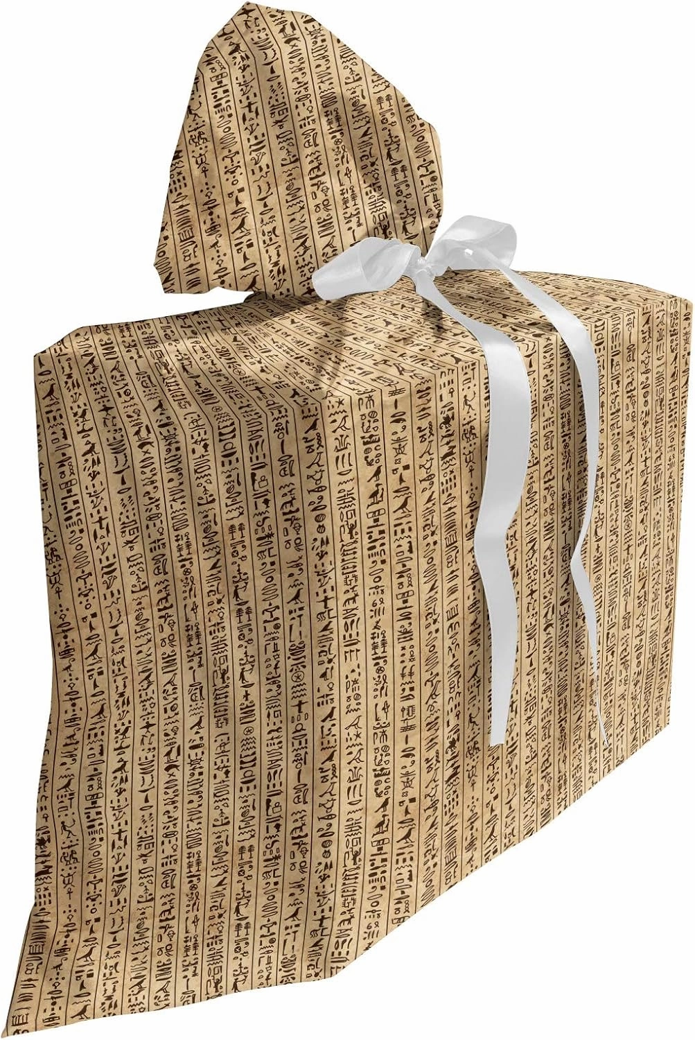 Ambesonne Egyptian Print Fabric Gift Bag, Hieroglyphs Grunge Pattern on Stripes Archeology History Language, Present Sack for Parties Birthdays with 3 Ribbons, 27, Sand Brown Black