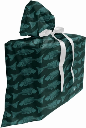 Ambesonne Fish Gift Bag, Rhythmic Vintage Style Dark Tones Sea Creatures Ocean Illustration, Fabric Party Favor Pouch with 3 Ribbons, 27, Hunter Green Grey Teal