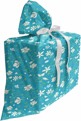 Ambesonne Floral Gift Bag, Swirled Stalks and Foliage Leaves Pattern with Blossoming Petals Nature Design, Fabric Party Favor Pouch with 3 Ribbons, 27, Green Blue White