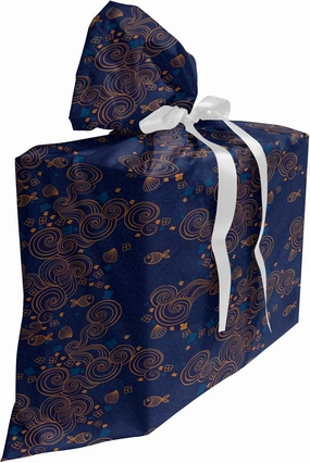 Ambesonne Nautical Gift Bag, Flourish Pattern of Swirling Ornaments with Fish Shell and Flowers, Fabric Party Favor Pouch with 3 Ribbons, 27, Pale Cinnamon Indigo