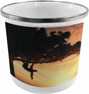 Ambesonne Sloth Steel Camping Mug, Sunset View at Nature Reserve Exotic Animal Hangs on Big Tree Fauna Jungle, Printed Thermal Cup for Camping and Outdoor Activities, Peach Black Yellow