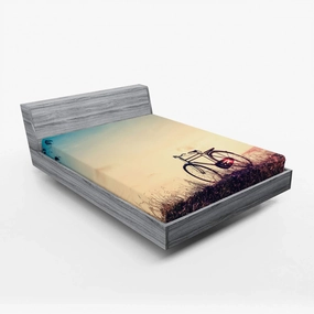 Ambesonne Vintage Bike Fitted Sheet, Retro Filter Sunset and Bicycle in Pastel Tones Hipster Joyful, Bed Cover with All-Round Elastic Deep Pocket for Comfort, Queen Size, Pale Blue Black and Peach
