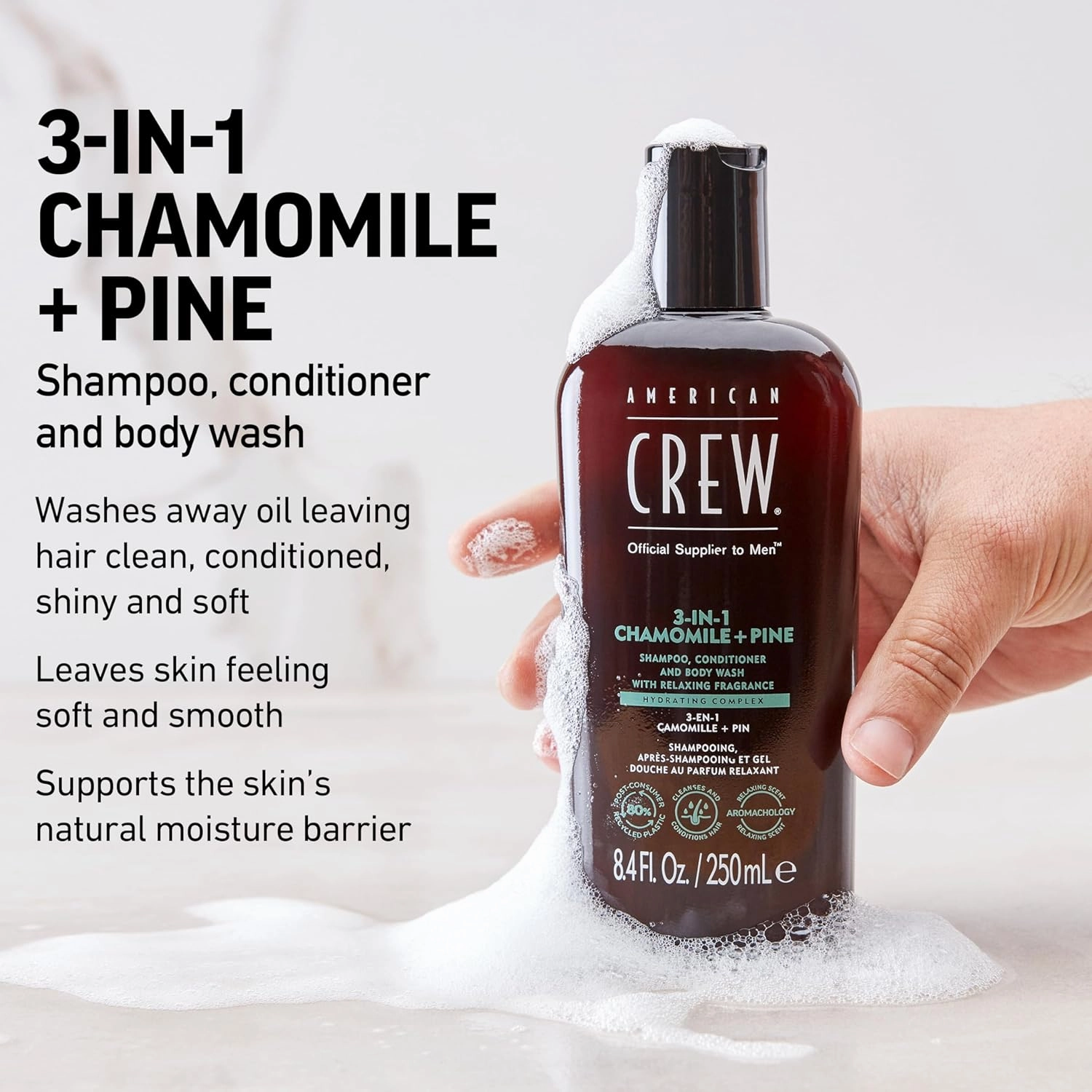 AMERICAN CREW 3-IN-1 CHAMOMILE   PINE Shampoo, Conditioner and Body Wash, 33.8 Fl Oz (Pack of 1)