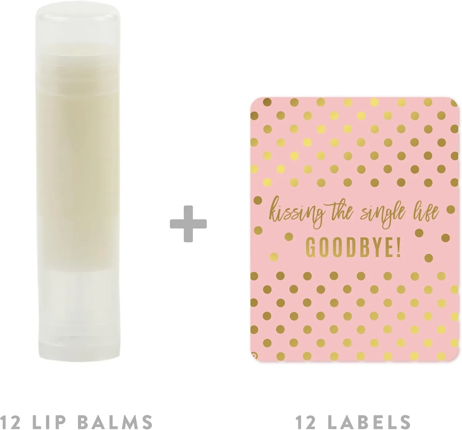 Andaz Press Blush Pink And Metallic Gold Confetti Polka Dots Bachelorette Party Bridal Shower, Lip Balm Favors, Kissing The Single Life Goodbye 12-Pack Bridesmaid Lip Gloss Bachelorette Favor