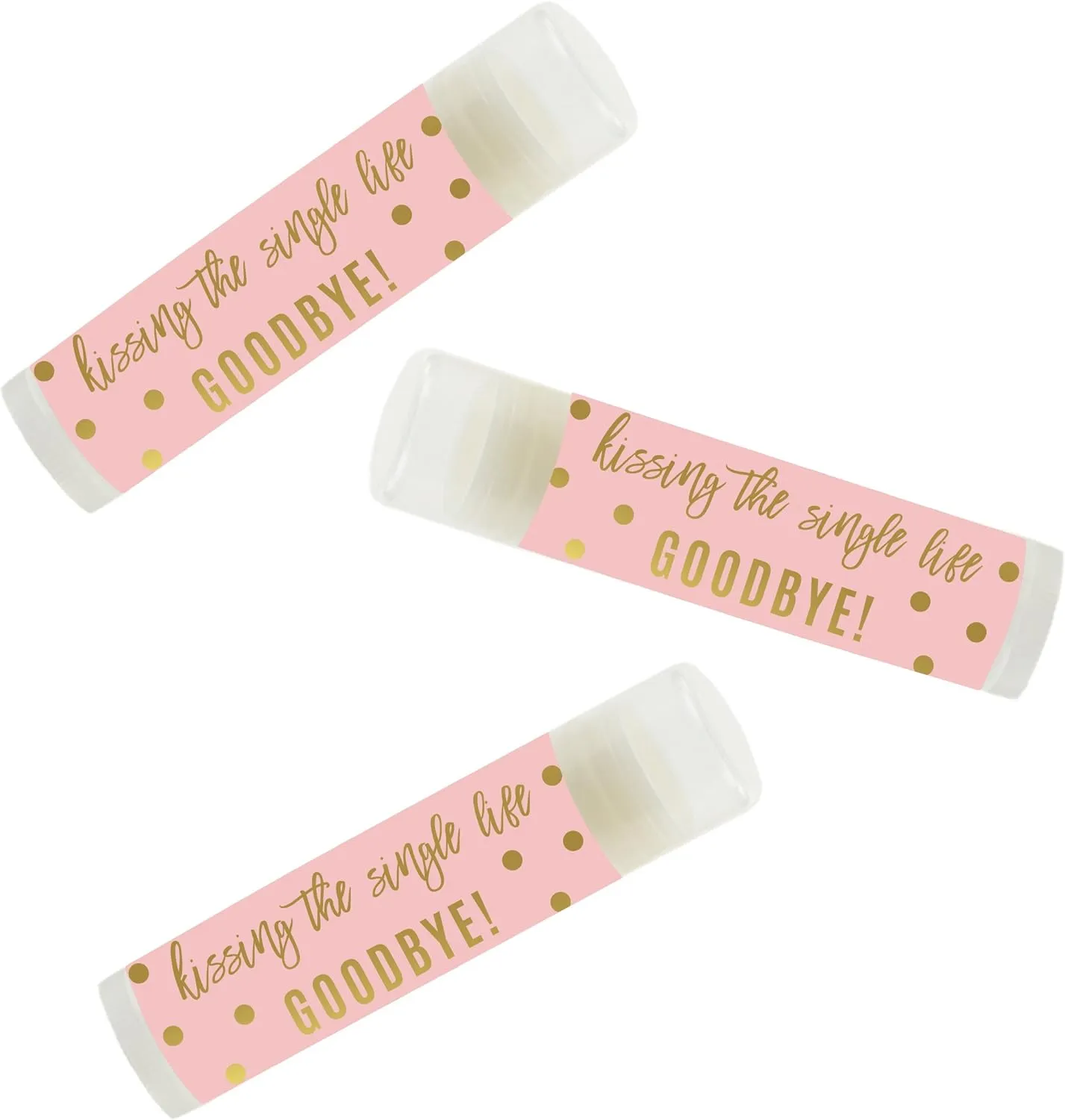 Andaz Press Blush Pink And Metallic Gold Confetti Polka Dots Bachelorette Party Bridal Shower, Lip Balm Favors, Kissing The Single Life Goodbye 12-Pack Bridesmaid Lip Gloss Bachelorette Favor