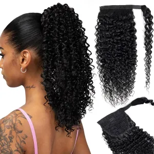 Annora Magic Paste Curly Ponytail Human Hair Extensions for Women Unprocessed Brazilian Kinky Curly Human Hair Wrap Around Ponytail Extension 1B Natural Black Color Remy Pony Tail Hair Piece 16 Inches