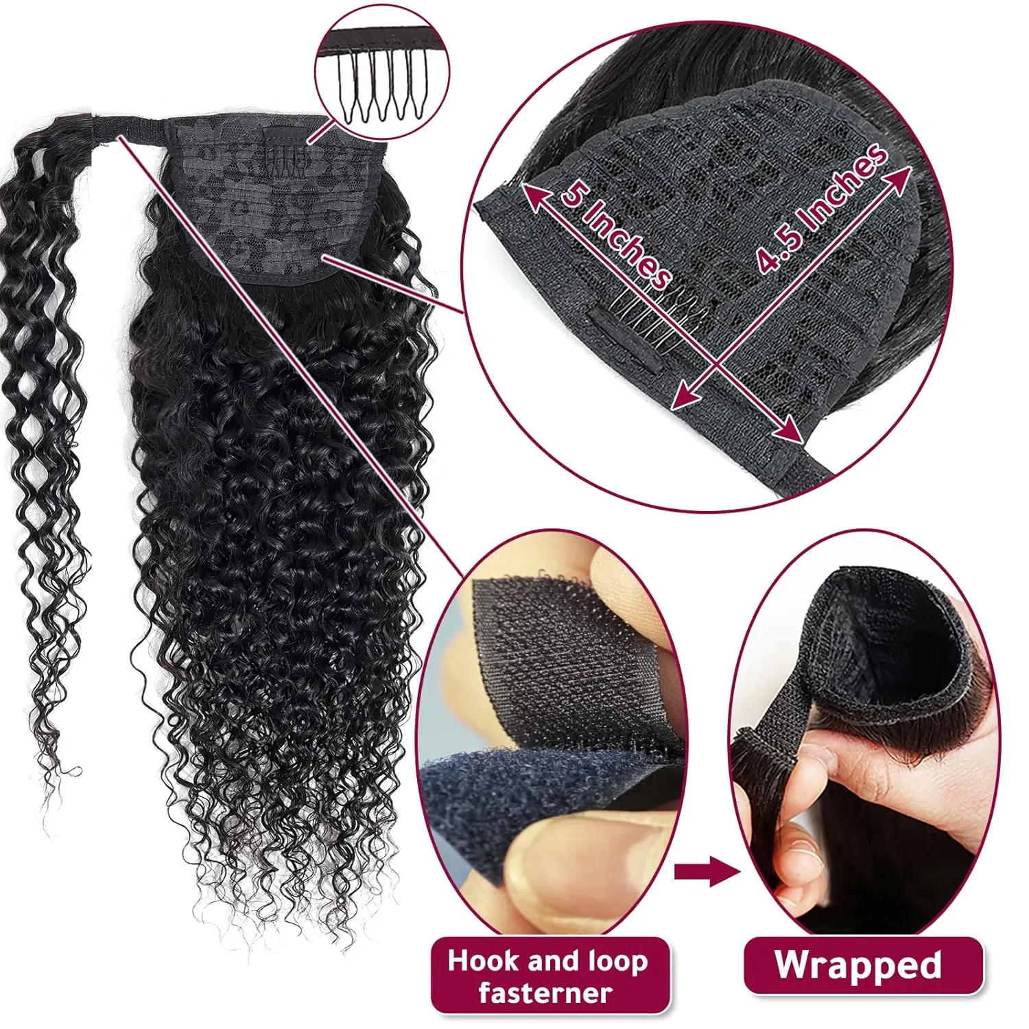 Annora Wrap Around Curly Human Hair Ponytail Extension for Women 100% Unprocessed Magic Paste Kinky Curly Ponytail Human Hair Extensions 1B Remy Pony Tail Hair Piece Natural Black Color 14 Inches