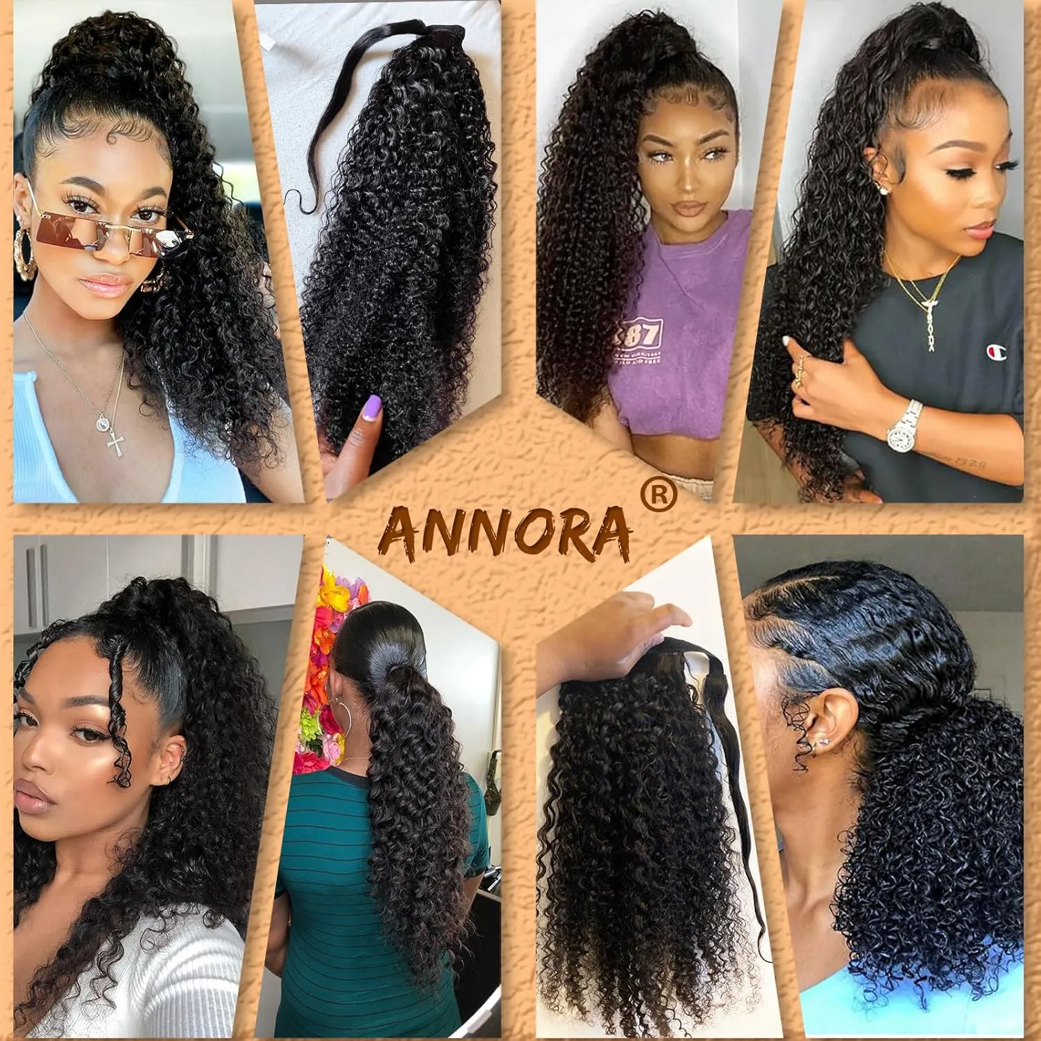 Annora Wrap Around Curly Human Hair Ponytail Extension for Women 100% Unprocessed Magic Paste Kinky Curly Ponytail Human Hair Extensions 1B Remy Pony Tail Hair Piece Natural Black Color 14 Inches