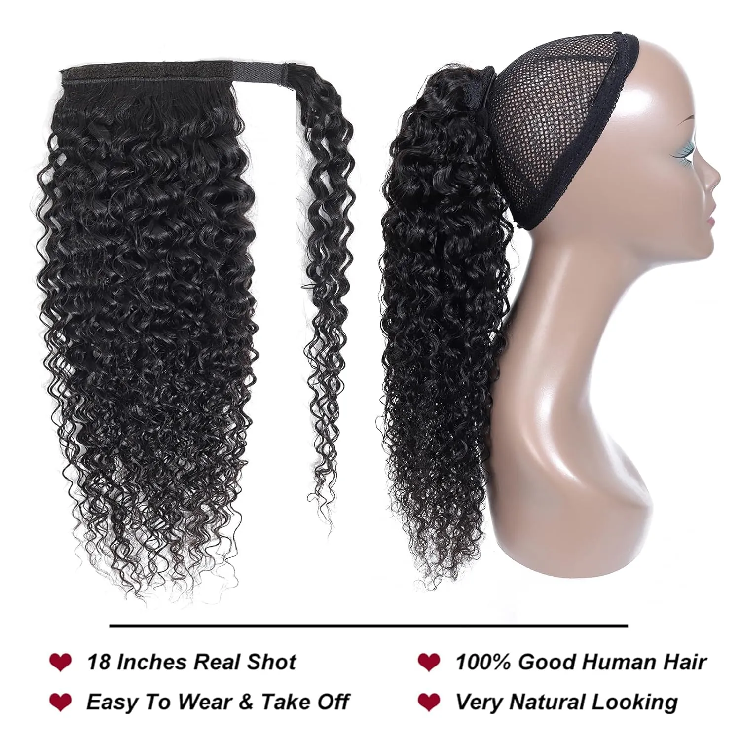 Annora Wrap Around Curly Human Hair Ponytail Extension for Women 100% Unprocessed Magic Paste Kinky Curly Ponytail Human Hair Extensions 1B Remy Pony Tail Hair Piece Natural Black Color 14 Inches