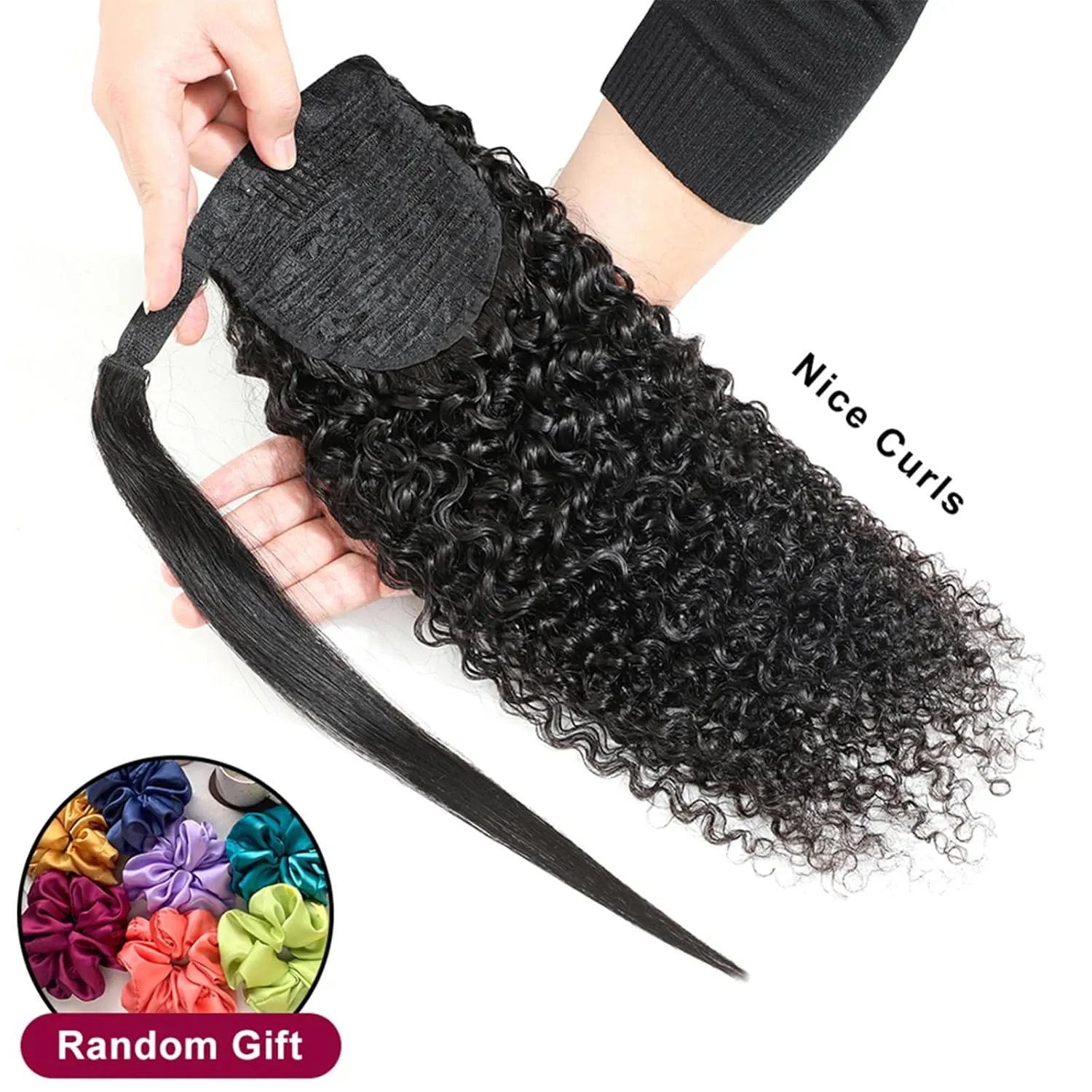 Annora Wrap Around Curly Human Hair Ponytail Extension for Women 100% Unprocessed Magic Paste Kinky Curly Ponytail Human Hair Extensions 1B Remy Pony Tail Hair Piece Natural Black Color 14 Inches