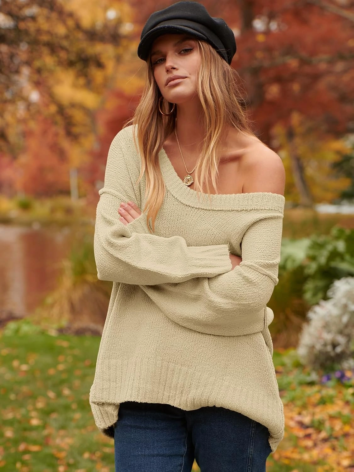 ANRABESS Women's Oversized Casual Loose Slouchy Scoop V Neck Batwing Long Sleeve Knit 2025 Fall Pullover Sweaters