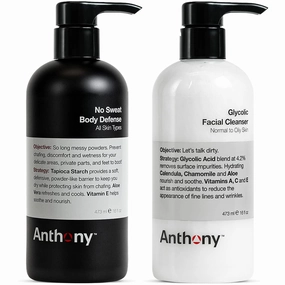 Anthony No Sweat Body Defense, Anti-Chafe Talc Free Cream To Powder Lotion, 16 Fl Oz, and Anthony Glycolic Facial Cleanser, Normal to Oily Skin, 16 Fl Oz