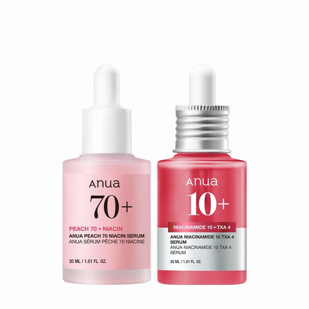 Anua Pink Serum Duo for Korean Glass Skin:10% Niacinamide   4% Tranexamic Acid Serum & Peach 70 Niacinamide Serum for Dull Skin, Skin Barrier, Fragrance-Free, Korean Skincare