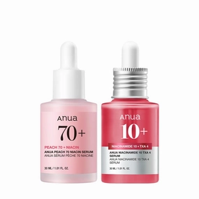 Anua Pink Serum Duo for Korean Glass Skin:10% Niacinamide   4% Tranexamic Acid Serum & Peach 70 Niacinamide Serum for Dull Skin, Skin Barrier, Fragrance-Free, Korean Skincare