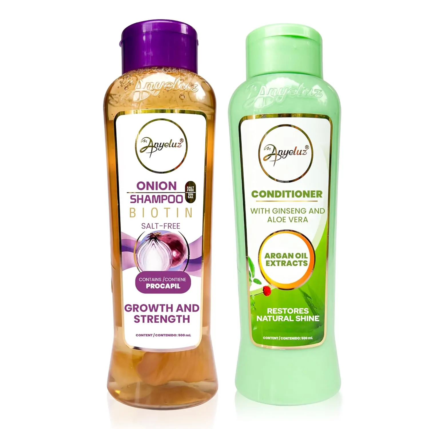 ANYELUZ Onion Shampoo and Aloe Conditioner Set, Strength and Hydration for your Hair, With Onion Extract, Biotin and Argan Oil, Cleanses Deeply and Provides Hydration