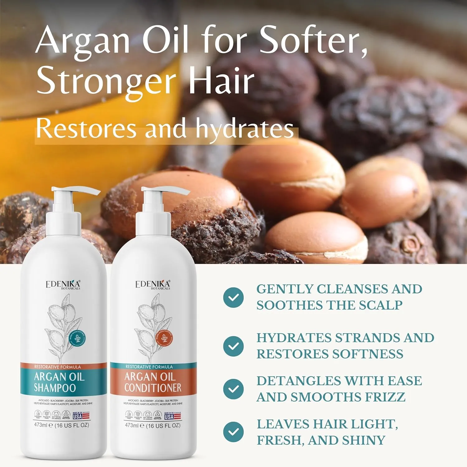 Argan Oil Shampoo & Conditioner with Biotin and Silk Protein, Deep Hair Hydrating & Nourishing, Sulfate-Free, Repairs Dry & Damaged Hair, Adds Shine & Detangles, 16 fl oz Each