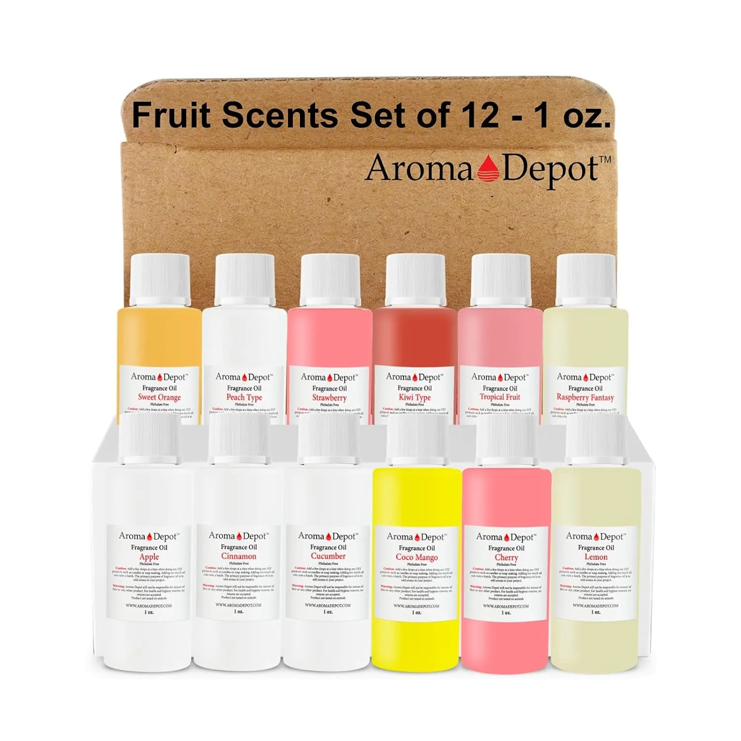 Aroma Depot Set of 12-1oz Fragrance/Perfume/Body Oil Apple Cinnamon Cucumber Coco Mango Cherry Lemon Orange Peach Strawberry Kiwi Tropical Fruit Raspberry UNCUT