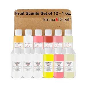 Aroma Depot Set of 12-1oz Fragrance/Perfume/Body Oil Apple Cinnamon Cucumber Coco Mango Cherry Lemon Orange Peach Strawberry Kiwi Tropical Fruit Raspberry UNCUT