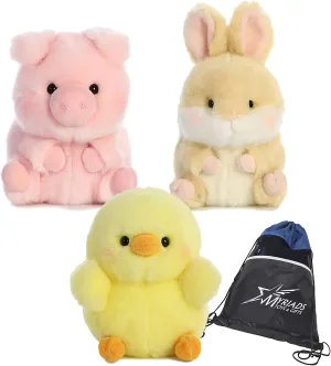 Aurora Plush 5" Rolly Pets Spring Time Plushie 3 Pack: Chickadee Chick, Lively Bunny, and Prankster Pig, with Drawstring Bag
