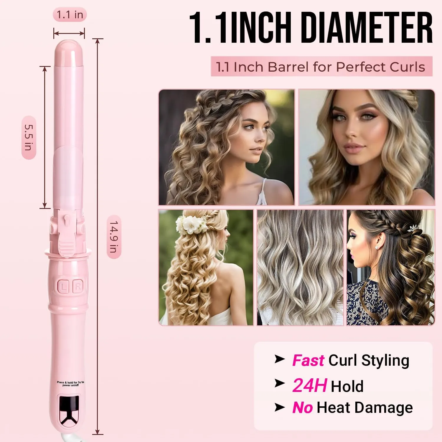 Automatic Self Rotating Curling Iron – 1.1 Inch Self Curling Hair Curler, Anti-Tangle, LCD Display, Fast Heating Wand for Time-Saving, Long-Lasting Curls & Waves, Pink