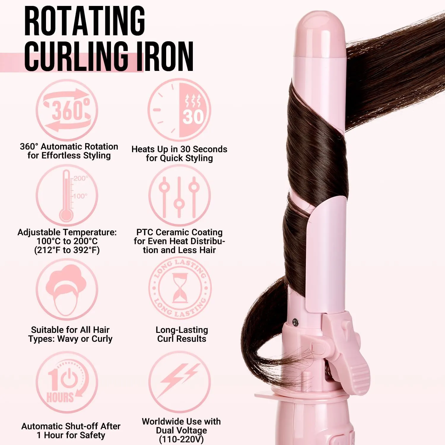 Automatic Self Rotating Curling Iron – 1.1 Inch Self Curling Hair Curler, Anti-Tangle, LCD Display, Fast Heating Wand for Time-Saving, Long-Lasting Curls & Waves, Pink