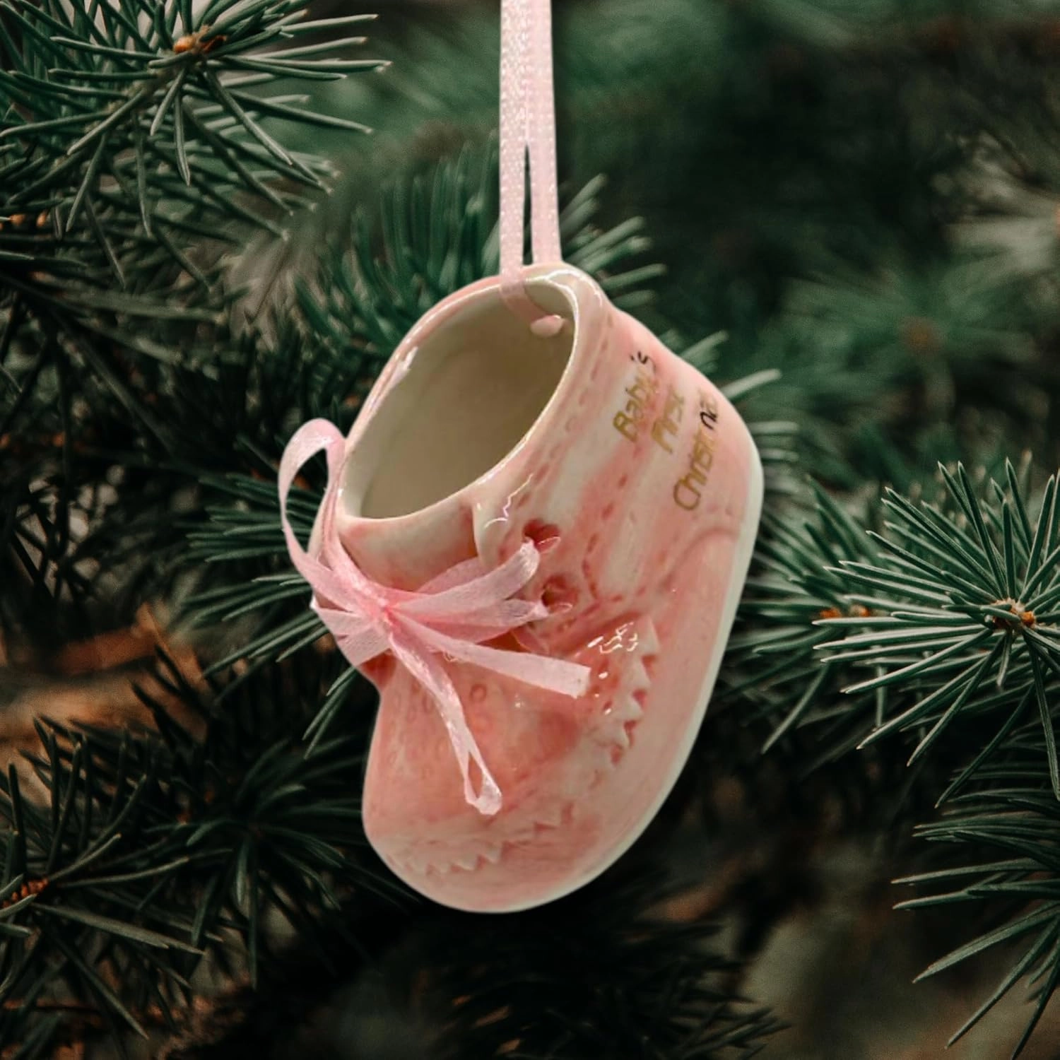Baby Girl's First Christmas Pink Baby Shoe Ornament for Holiday Tree Décor Xmas Gifts