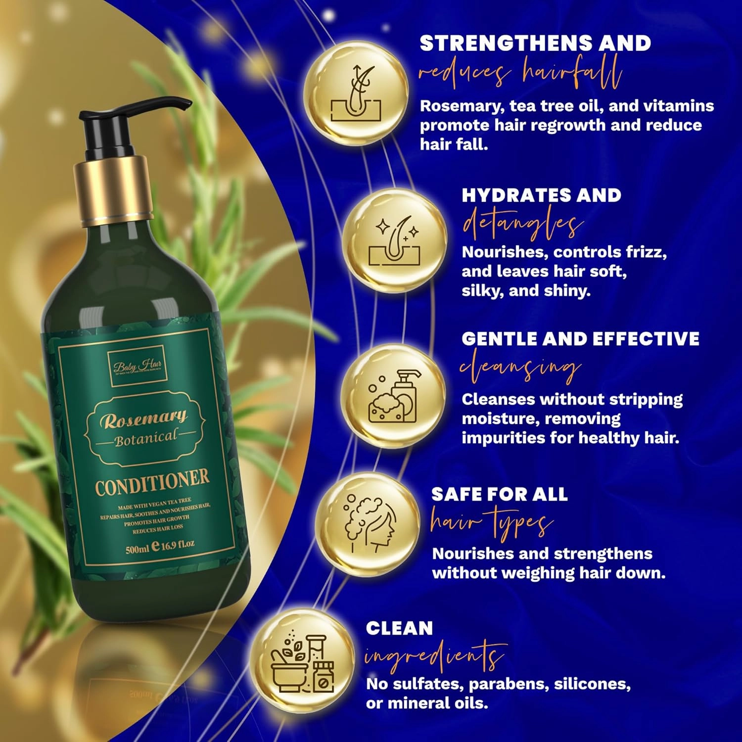 BABY HAIR - Rosemary Conditioner, Sulfate-Free Rosemary Conditioner for Hair Growth, Rosemary Oil Conditioner with Tea Tree Oil & Hyaluronic Acid, Natural Hair Growth Products, 16.9 fl. oz.