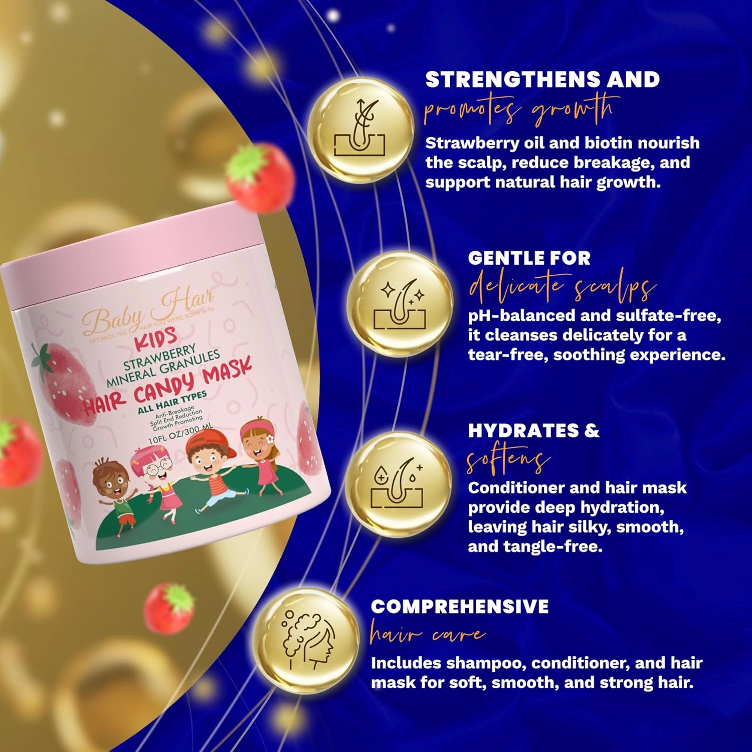 Baby Hair - Strawberry Mineral Hair Candy Mask, Sulfate-Free Kids Hair Conditioner, With Strawberry Oil, Camellia Oil, and Biotin, 10 fl.oz.