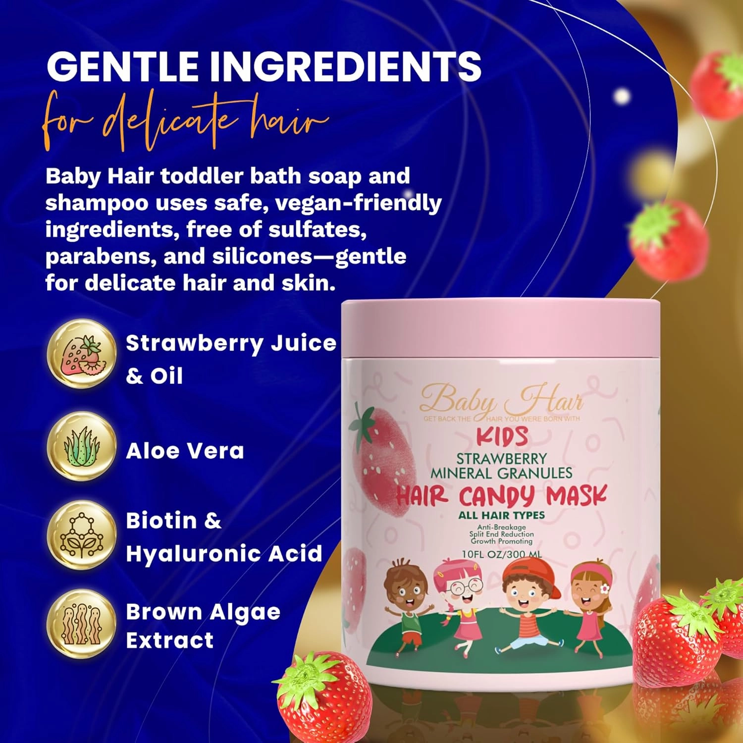 Baby Hair - Strawberry Mineral Hair Candy Mask, Sulfate-Free Kids Hair Conditioner, With Strawberry Oil, Camellia Oil, and Biotin, 10 fl.oz.