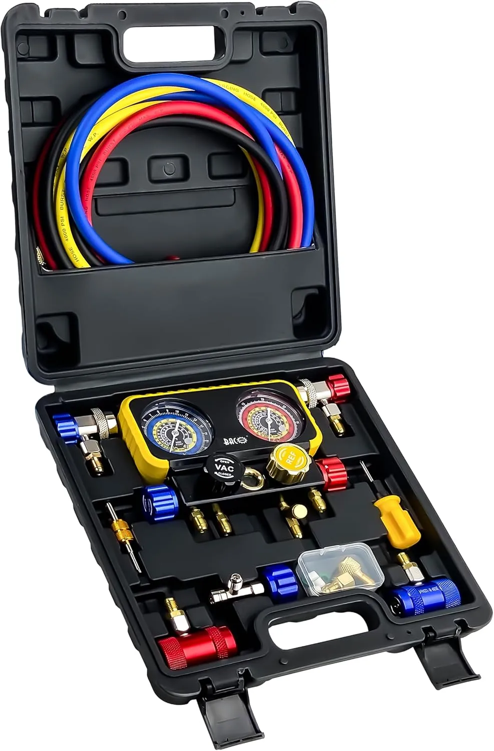 BACOENG AC R1234YF Gauge Set, Automotive 4 Way R1234yf Refrigerant Recharge Kit, R134A AC Manifold Gauge Set with 5FT Hoses for Car Charging and Evacuation