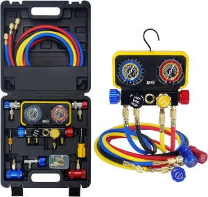 BACOENG AC R1234YF Gauge Set, Automotive 4 Way R1234yf Refrigerant Recharge Kit, R134A AC Manifold Gauge Set with 5FT Hoses for Car Charging and Evacuation