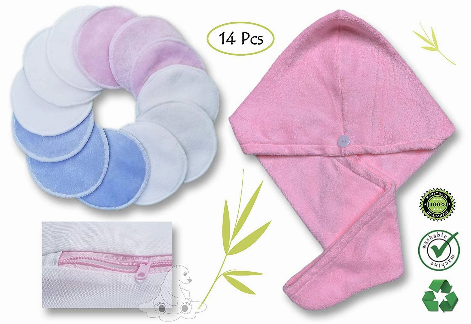 Bamboo Makeup Remover Pads - Reusable Cotton Rounds for Face with Mesh Bag and Hair Turban – 12 Facial Cleansing Wipes Gently Remove Facial and Eye Makeup (14 Piece Set)