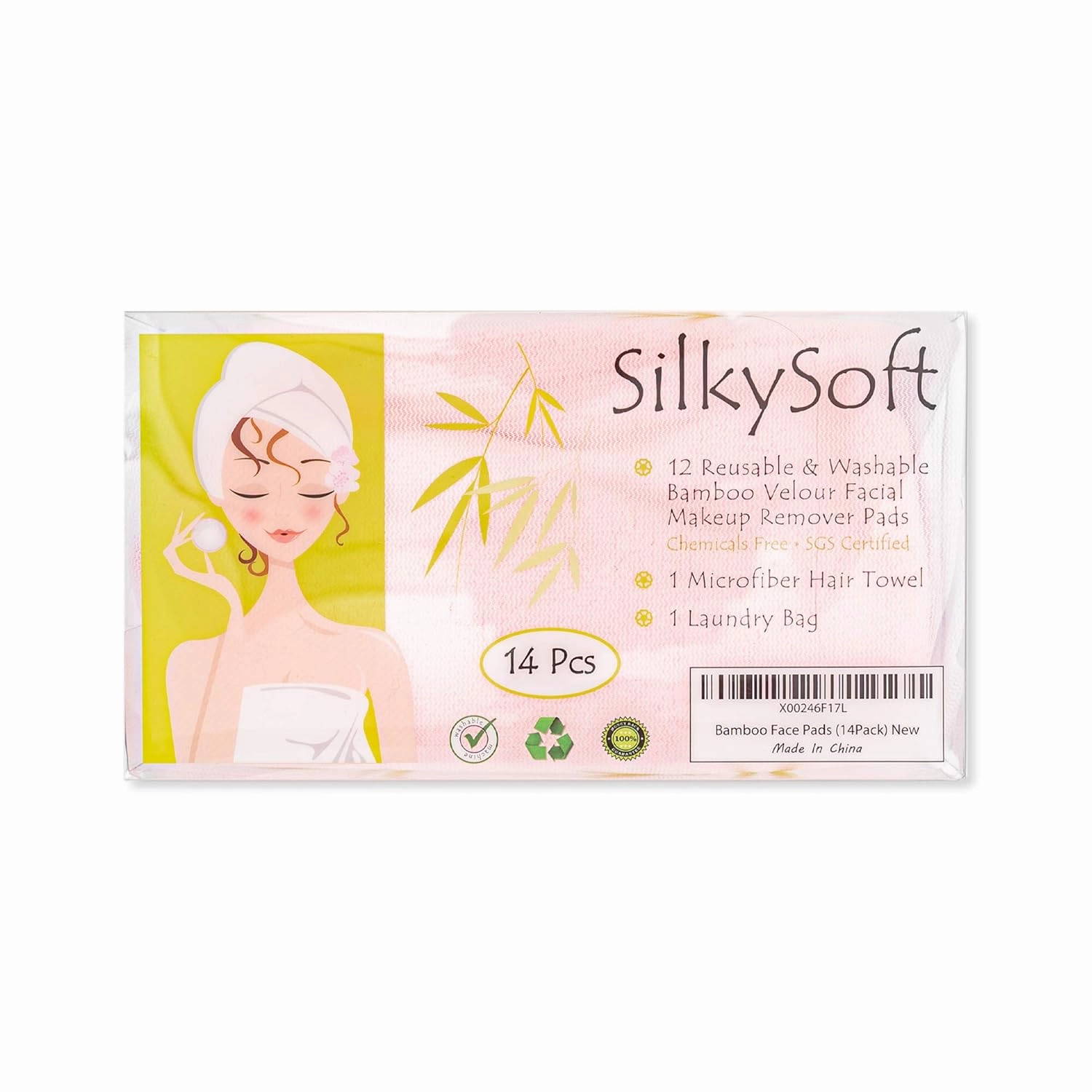 Bamboo Makeup Remover Pads - Reusable Cotton Rounds for Face with Mesh Bag and Hair Turban – 12 Facial Cleansing Wipes Gently Remove Facial and Eye Makeup (14 Piece Set)