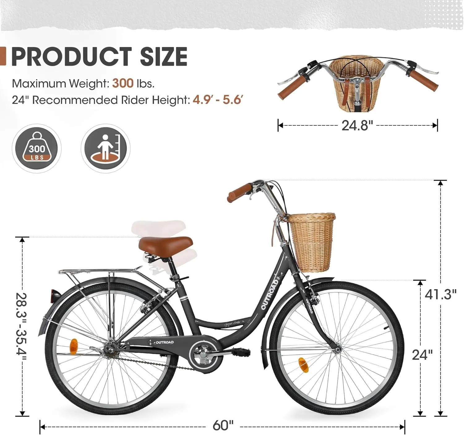 Beach Cruiser Bike for Women and Men, 24 26 inch Female Commuter Bicycle with Basket, 1 Speed Womens Bike with Rear Rack/High-Carbon Steel/Front & Rear Fenders, Multi Color