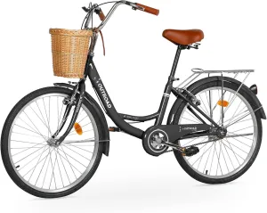 Beach Cruiser Bike for Women and Men, 24 26 inch Female Commuter Bicycle with Basket, 1 Speed Womens Bike with Rear Rack/High-Carbon Steel/Front & Rear Fenders, Multi Color