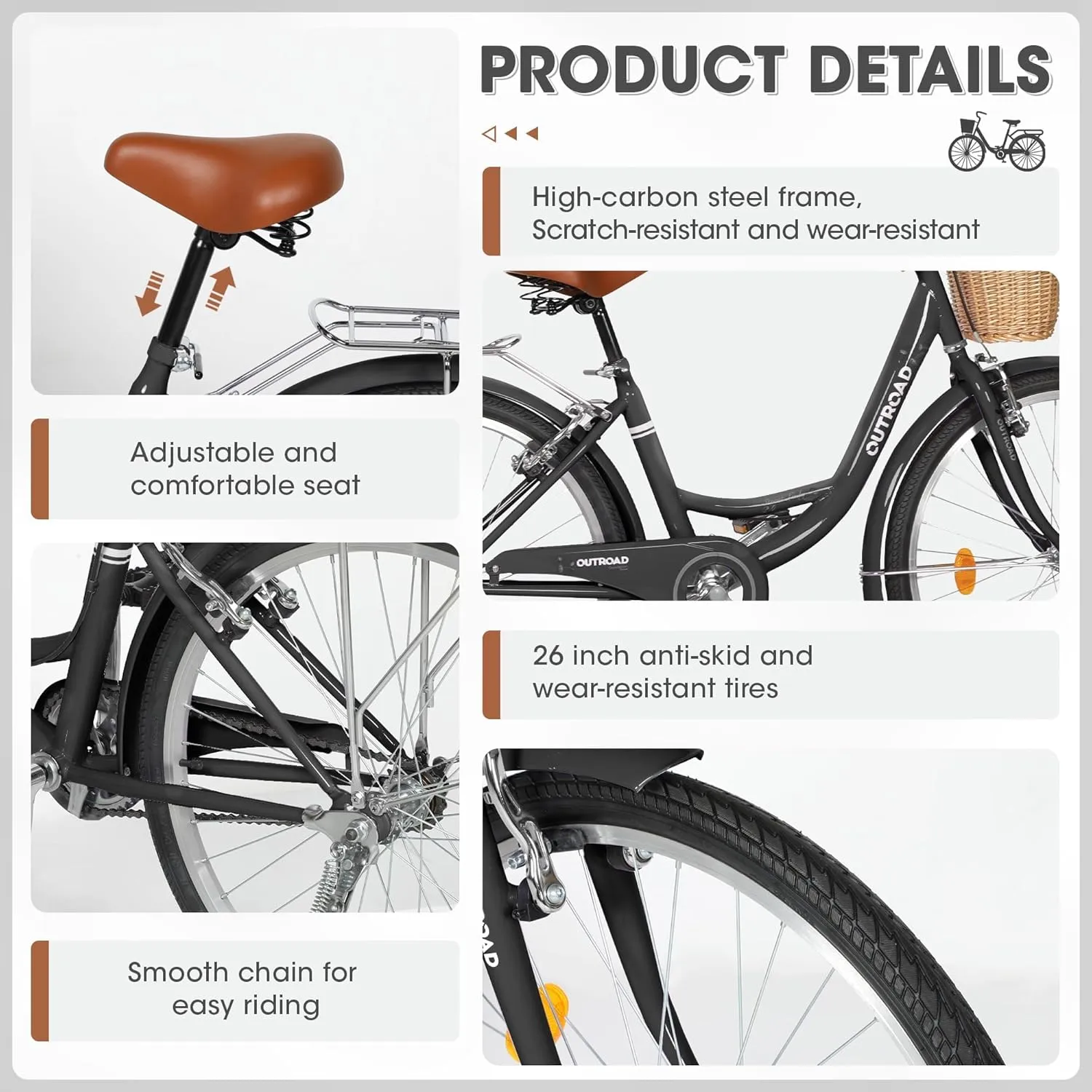 Beach Cruiser Bike for Women and Men, 24 26 inch Female Commuter Bicycle with Basket, 1 Speed Womens Bike with Rear Rack/High-Carbon Steel/Front & Rear Fenders, Multi Color
