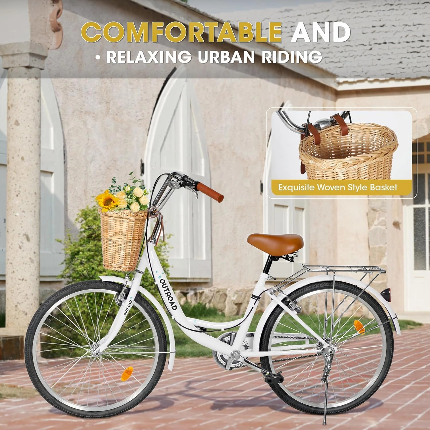 Beach Cruiser Bike for Women and Men, 24 26 inch Female Commuter Bicycle with Basket, 1 Speed Womens Bike with Rear Rack/High-Carbon Steel/Front & Rear Fenders, Multi Color
