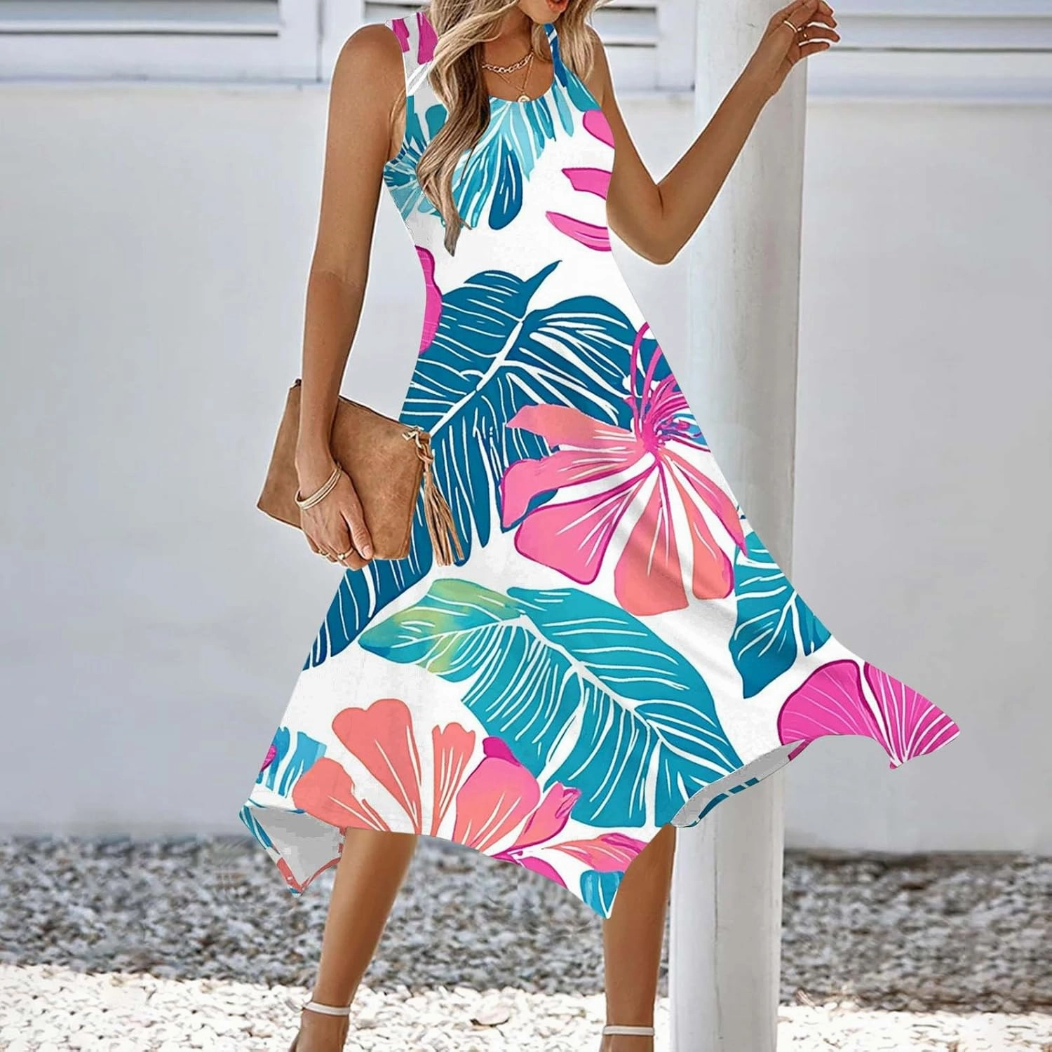 Beach Dresses for Women 2025 Vacation Swing Boho Floral Sundress Flowy Sleeveless Tank Casual Midi Dress Fashion