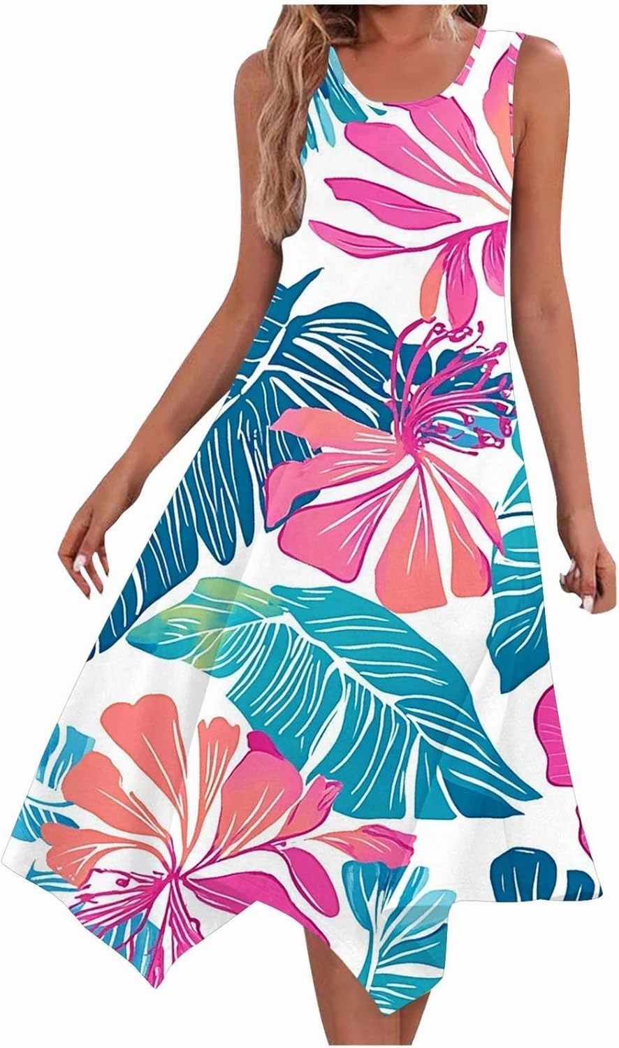 Beach Dresses for Women 2025 Vacation Swing Boho Floral Sundress Flowy Sleeveless Tank Casual Midi Dress Fashion