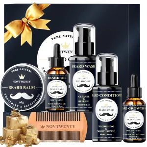Beard Growth Kit - 7 Pcs Beard Care Kit for Men, Includes Beard Wash, Beard Oil&Growth Oil, Beard Conditioner, Beard Balm, Beard Comb, Gift Box Set for Boyfriend Husband Fathers