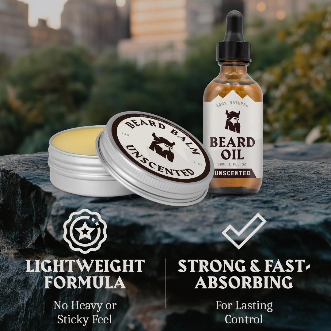 Beard Oil and Balm Set Unscented - Dual Use Leave in Beard Conditioner Tames, Styles, and Moisturizes Beards & Mustache - Made with Natural and Organic Argan & Jojoba Oils (2 Piece, Unscented)