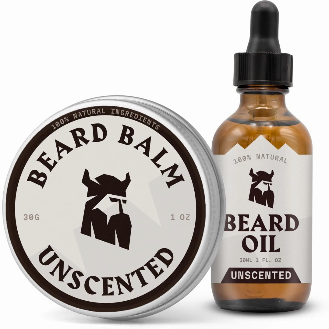 Beard Oil and Balm Set Unscented - Dual Use Leave in Beard Conditioner Tames, Styles, and Moisturizes Beards & Mustache - Made with Natural and Organic Argan & Jojoba Oils (2 Piece, Unscented)