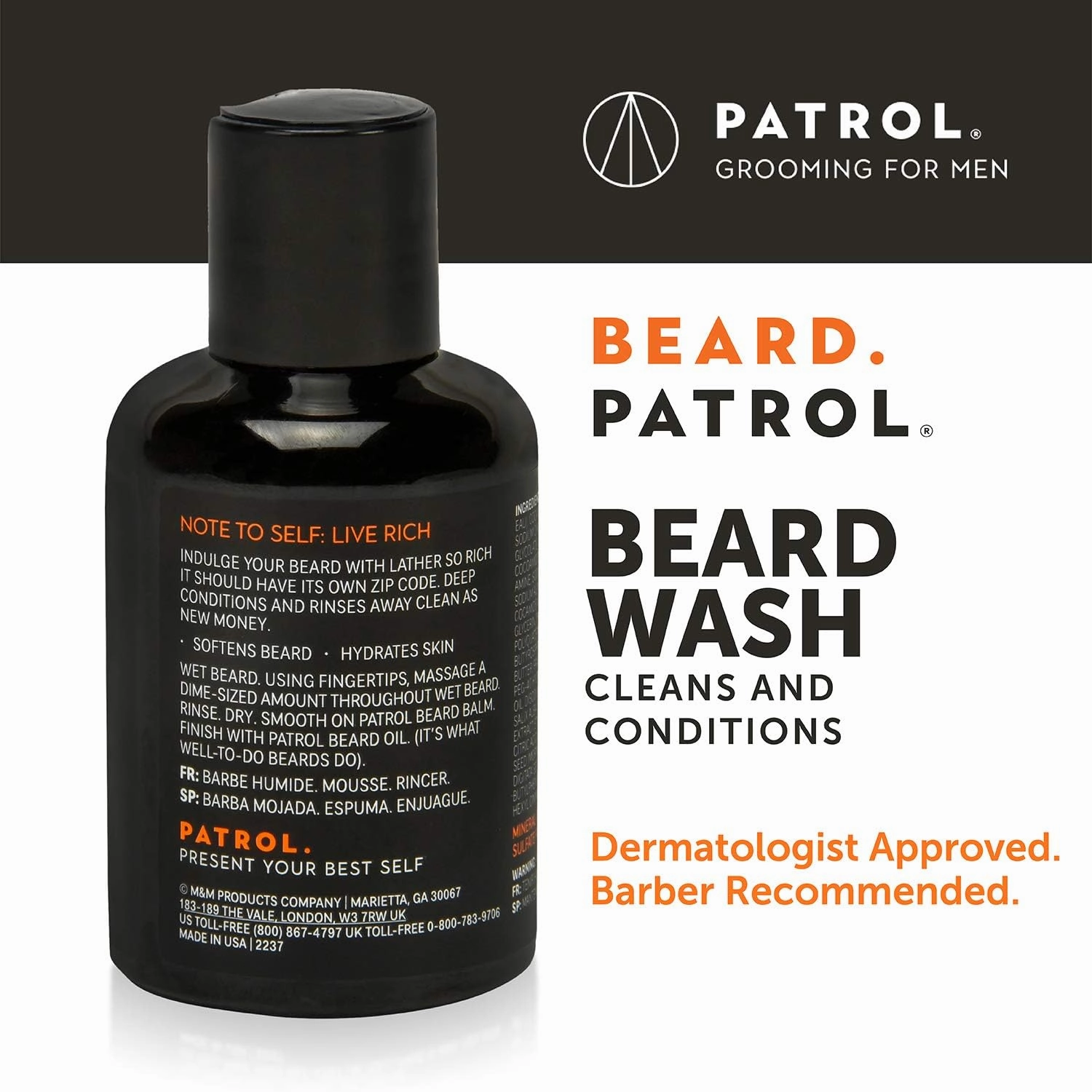 Beard Patrol Beard Wash Cleanser and Conditioner in One Softens With All Natural Oils - Sulfate-Free, Paraben-Free - Pack of 3