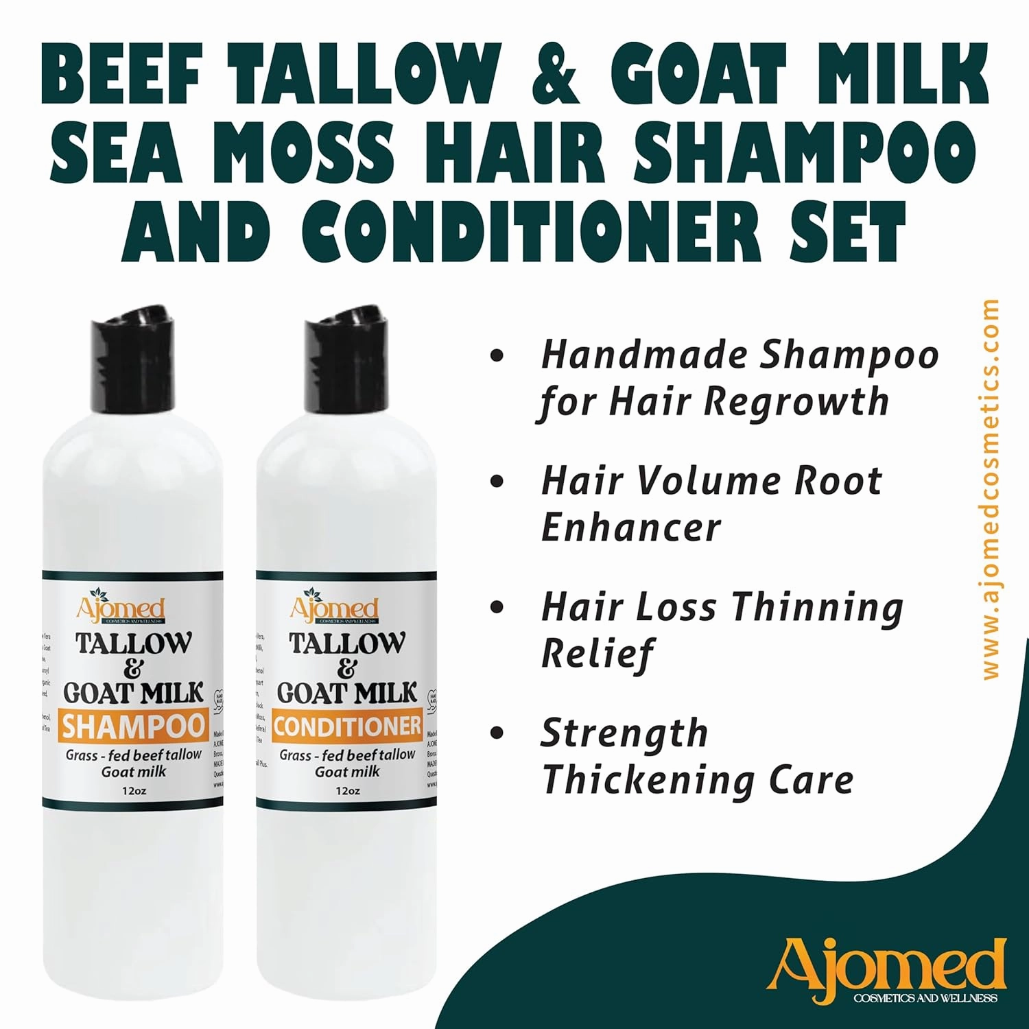 Beef Tallow Shampoo & Conditioner Set -Unscented Handmade tallow & goat milk shampoo for Damaged hair, all hair types- Moisturizing Shampoo- Sulfate, fragrance (SHAMPOO & CONDITIONER 12OZ)