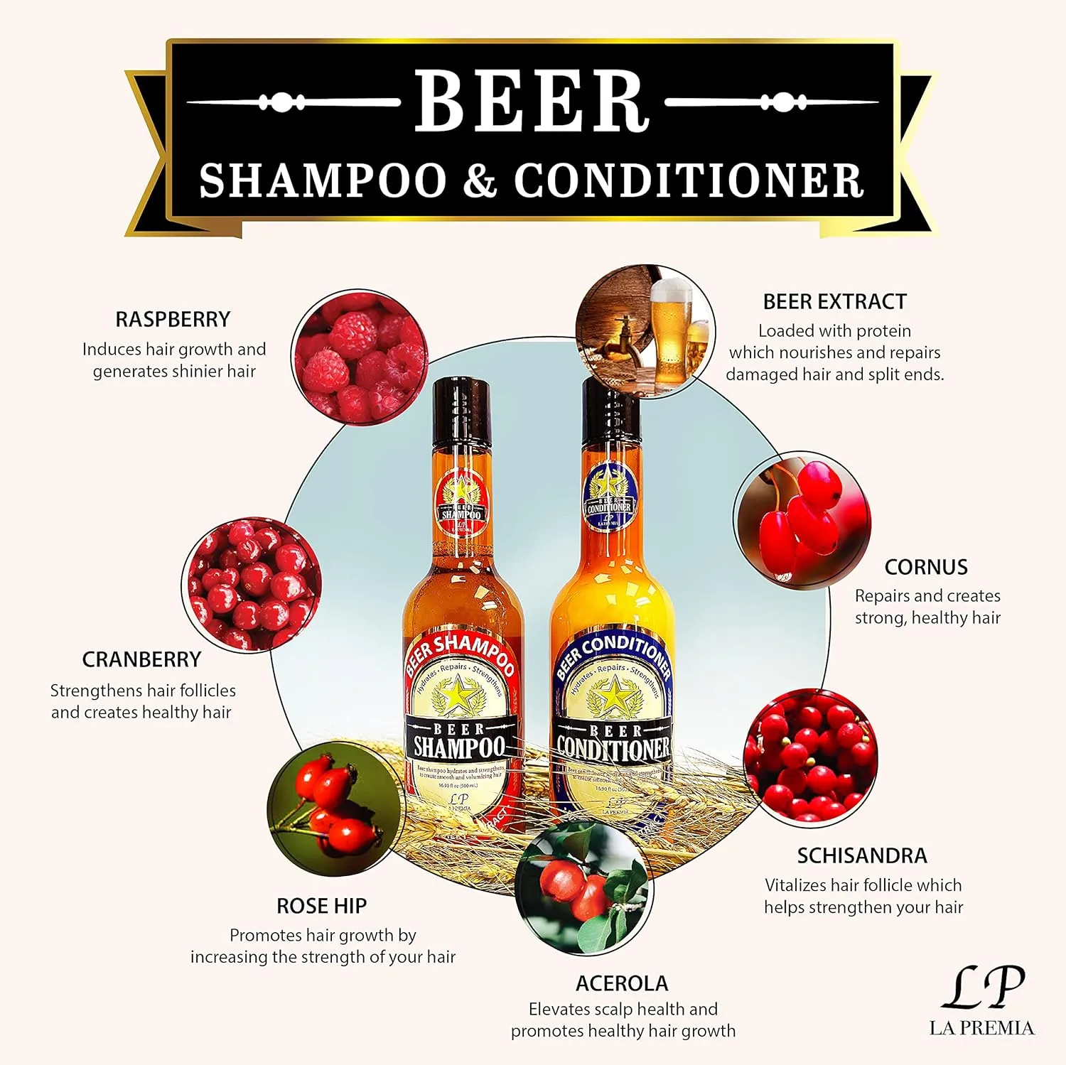 Beer Shampoo & Conditioner for Damage Free Hair - Original Yeast with Natural Ingredients, Biotin, Vitamin B5, For Men & Women, Cruelty Free, 16.90 fl oz